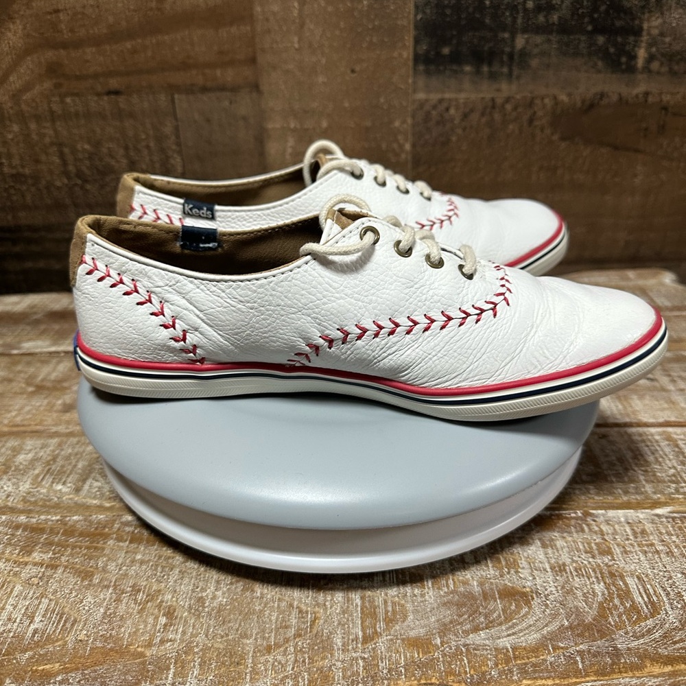 Keds Baseball Stitch Leather Shoes White Red Women’s Size 7 Lace-Up Sneakers - Picture 6 of 9